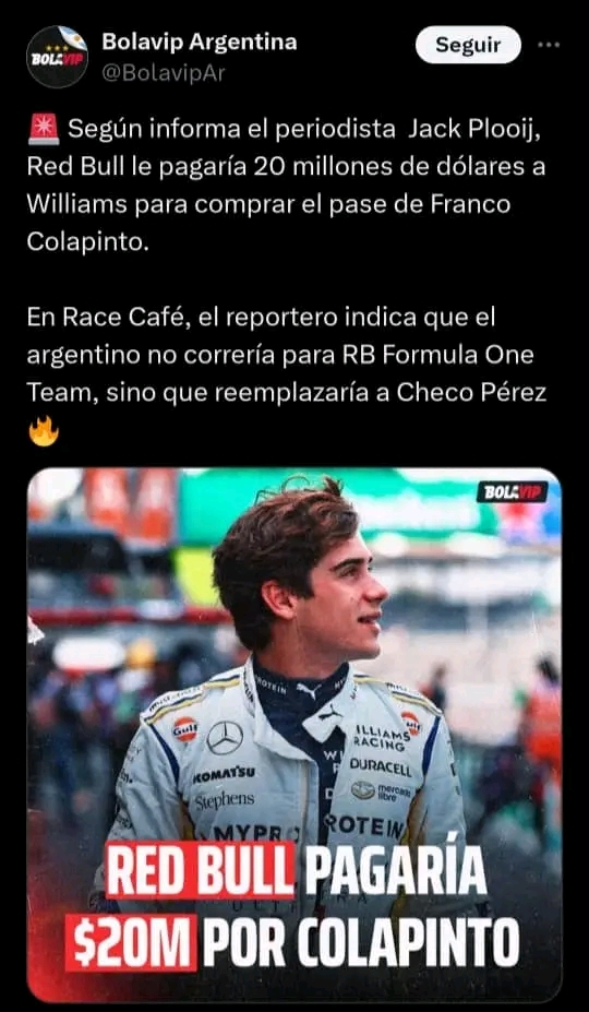 Colapinto iría directo a Red Bull y no a VCARB… see more 