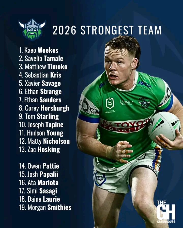 The Greenhouse readers have been voting, position by position, to select the Canberra Raiders’ strongest possible team for 2026. Now the NRL has confirmed that game day squads will comprise 19 players, we have had a poll to select the 18th and 19th players. So here we have it… the Canberra Raiders’ strongest 2026 team! Read more, including our in depth assessments of the Green Machine’s depth in each position……..
